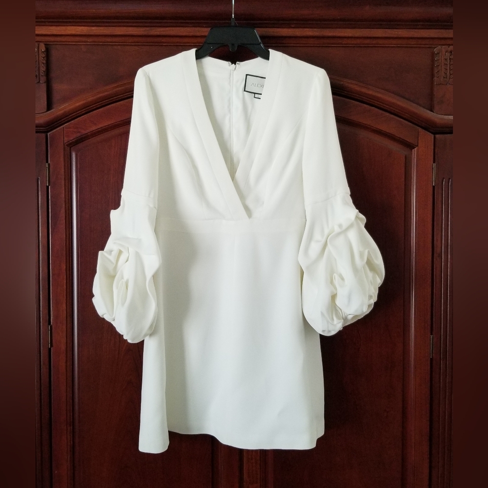 Alexis Fia White Ruched Sleeve Plunge Neck Mini Dress Size L